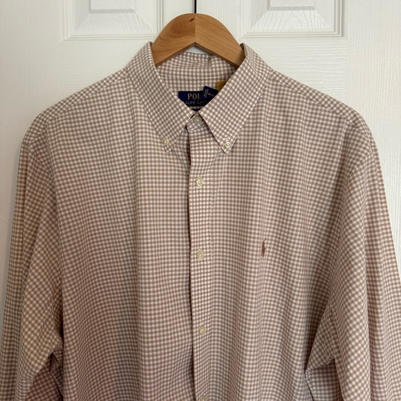 Lauren Ralph Lauren Tan Gingham Poplin Casual Button Down Dress Shirt XL Preppy - Picture 2 of 8